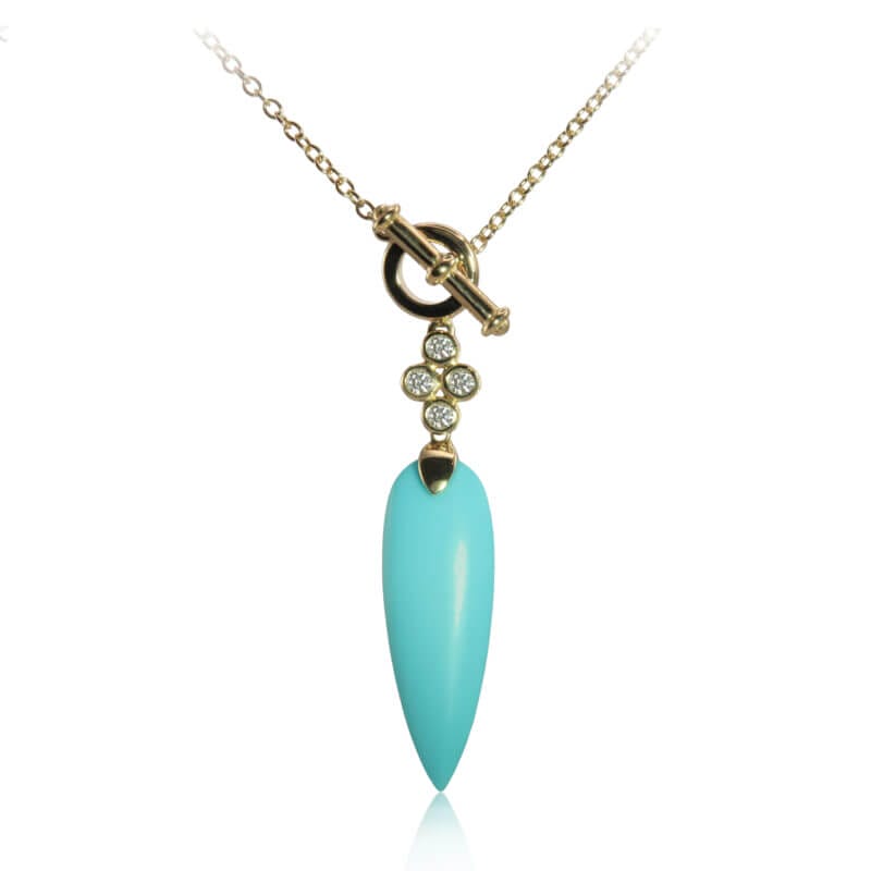 14KY ELONGATED PEAR SHAPED TURQUOISE TOGGLE NECKLACE WITH DIAMOND