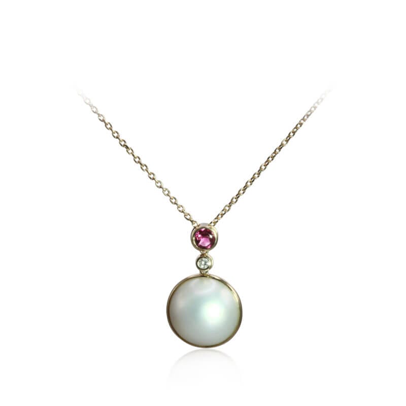 14KY MABE PEARL AND PINK TOURMALINE PENDANT WITH DIAMOND