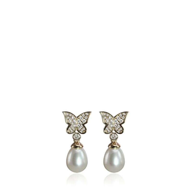 14KY DIAMOND PAVE BUTTERFLY AND PEARL EARRINGS